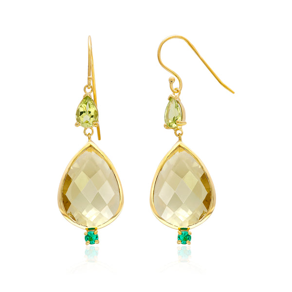 14 Karat Pear Shape Lemon Citrine Emerald Peridot Bezel Set Gold Drop Hoop Earrings - OGI-LTD