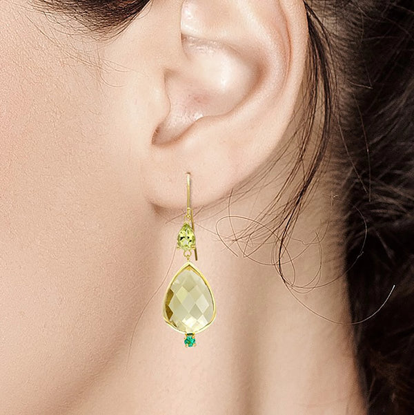 14 Karat Pear Shape Lemon Citrine Emerald Peridot Bezel Set Gold Drop Hoop  Earrings